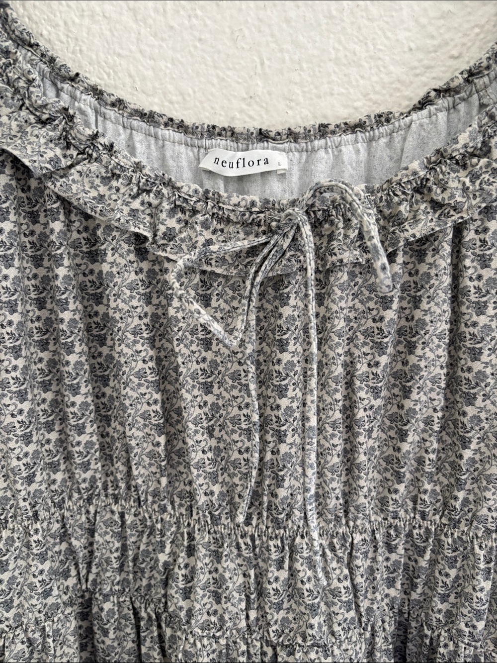 Neuflora 100% Cotton Tiered Ruffle Neck Floral Midi Dress Large Prairie Boho - Picture 3 of 8